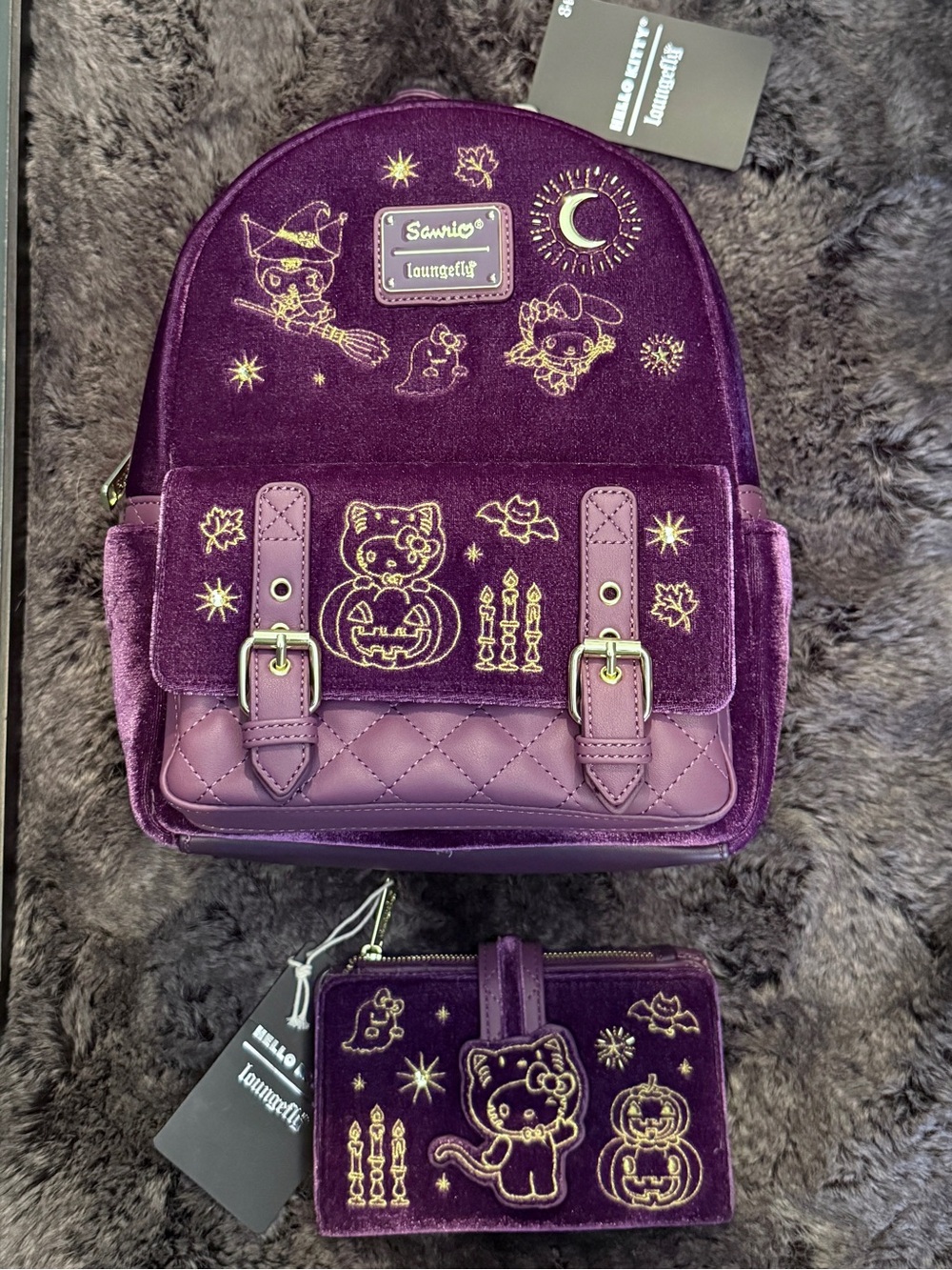 NWT Loungefly Hello Kitty Halloween Costume Velvet Mini Backpack & Wallet Set